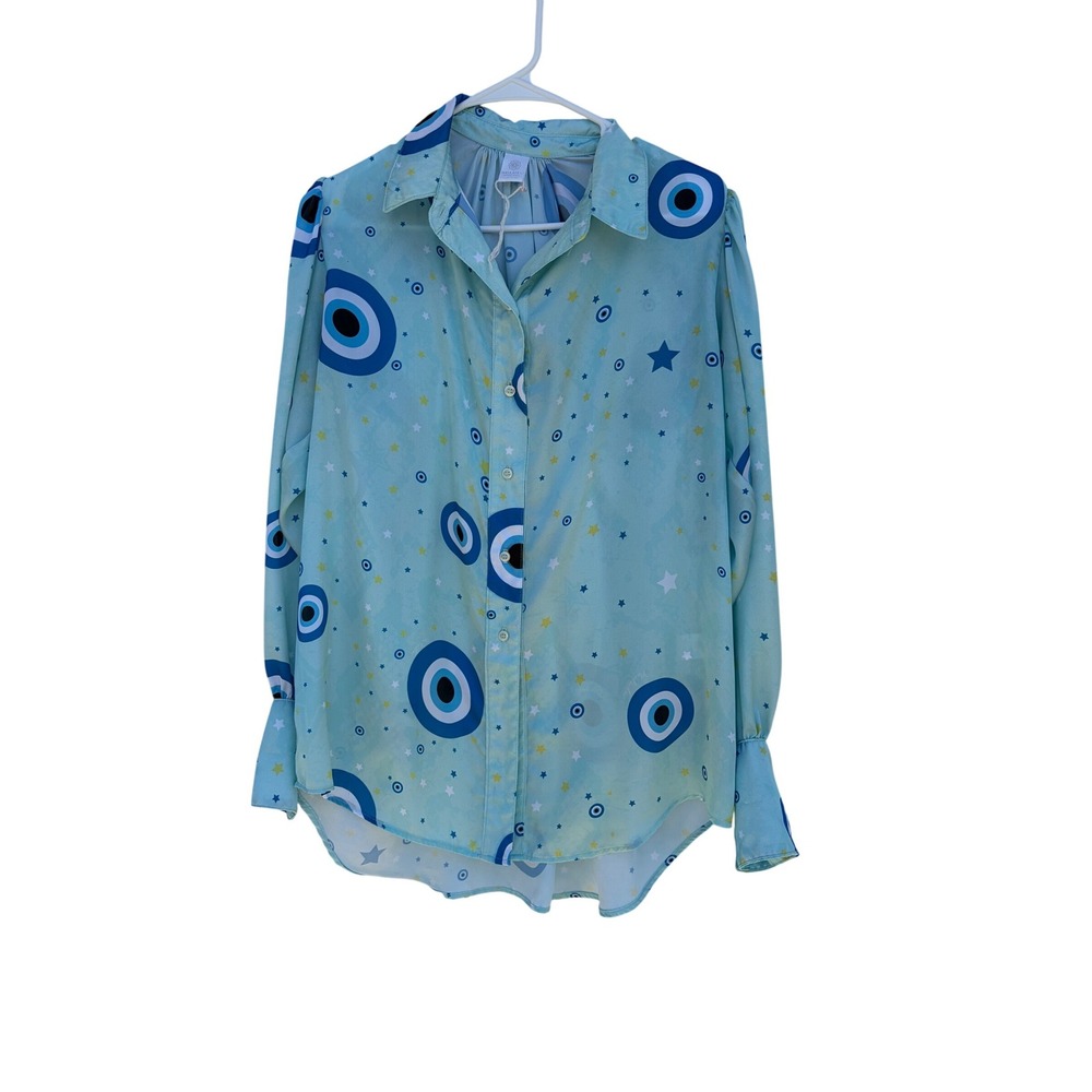 Bululu Resort Wear Women Blue Evil Eye Star Print Satin Button Down  Celestial
